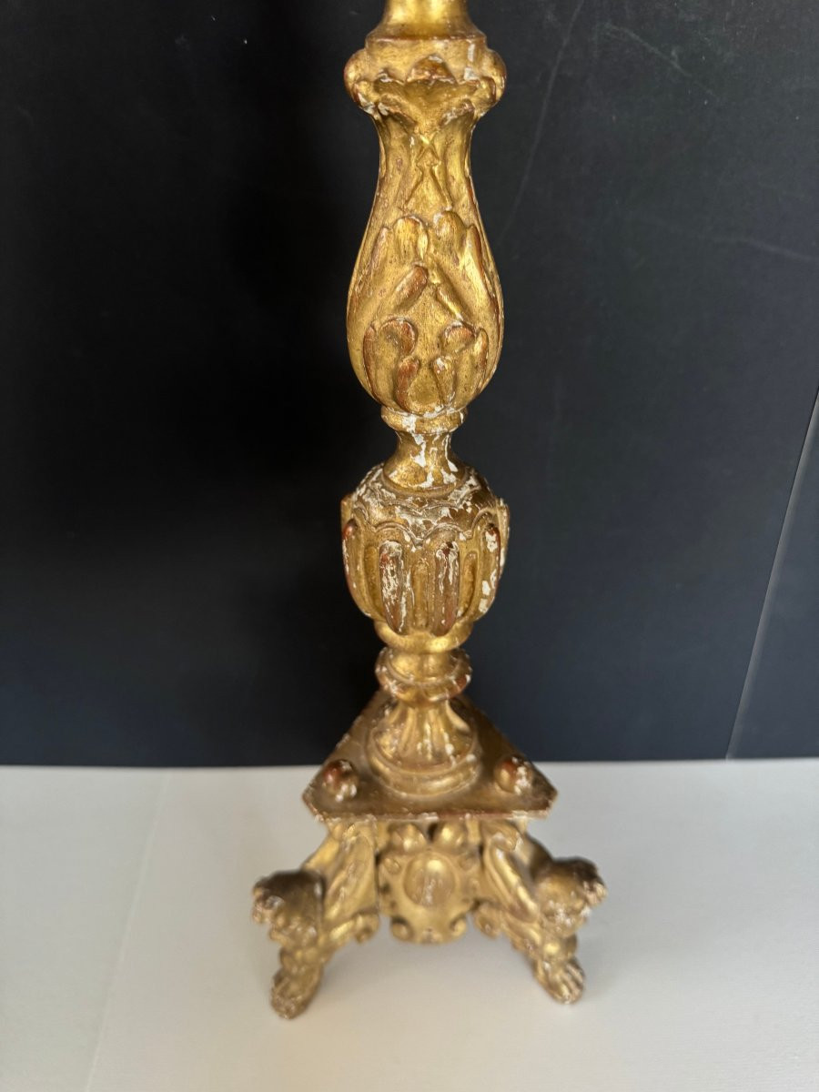 Pair Of Carved And Gilded Wooden Candlesticks, 17th Century-photo-4