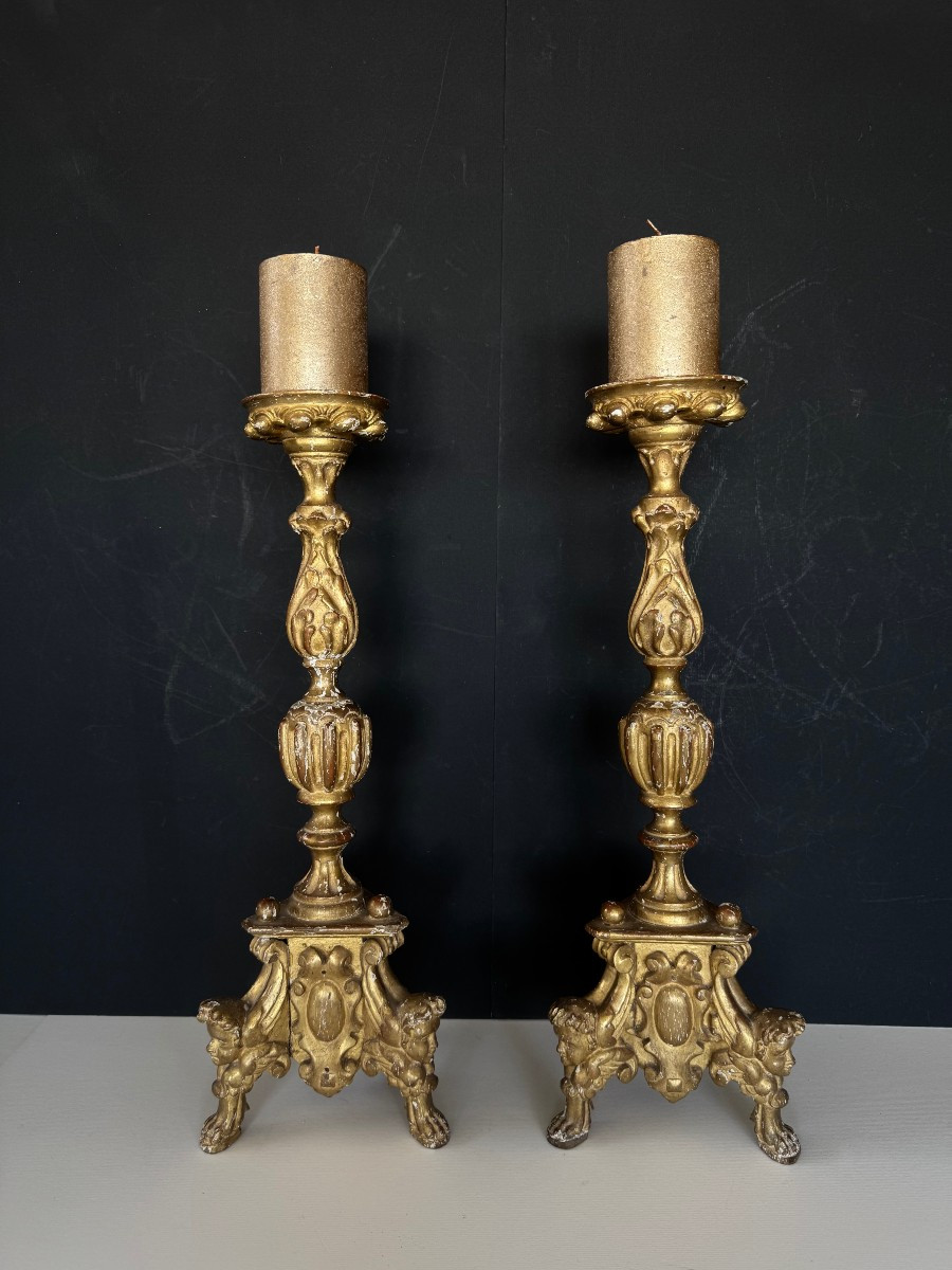 Pair Of Carved And Gilded Wooden Candlesticks, 17th Century