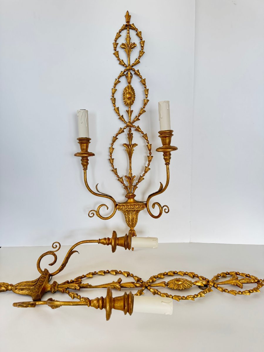 Pair Of Gilded Carved Wood Wall Sconces – Neoclassical Style-photo-2