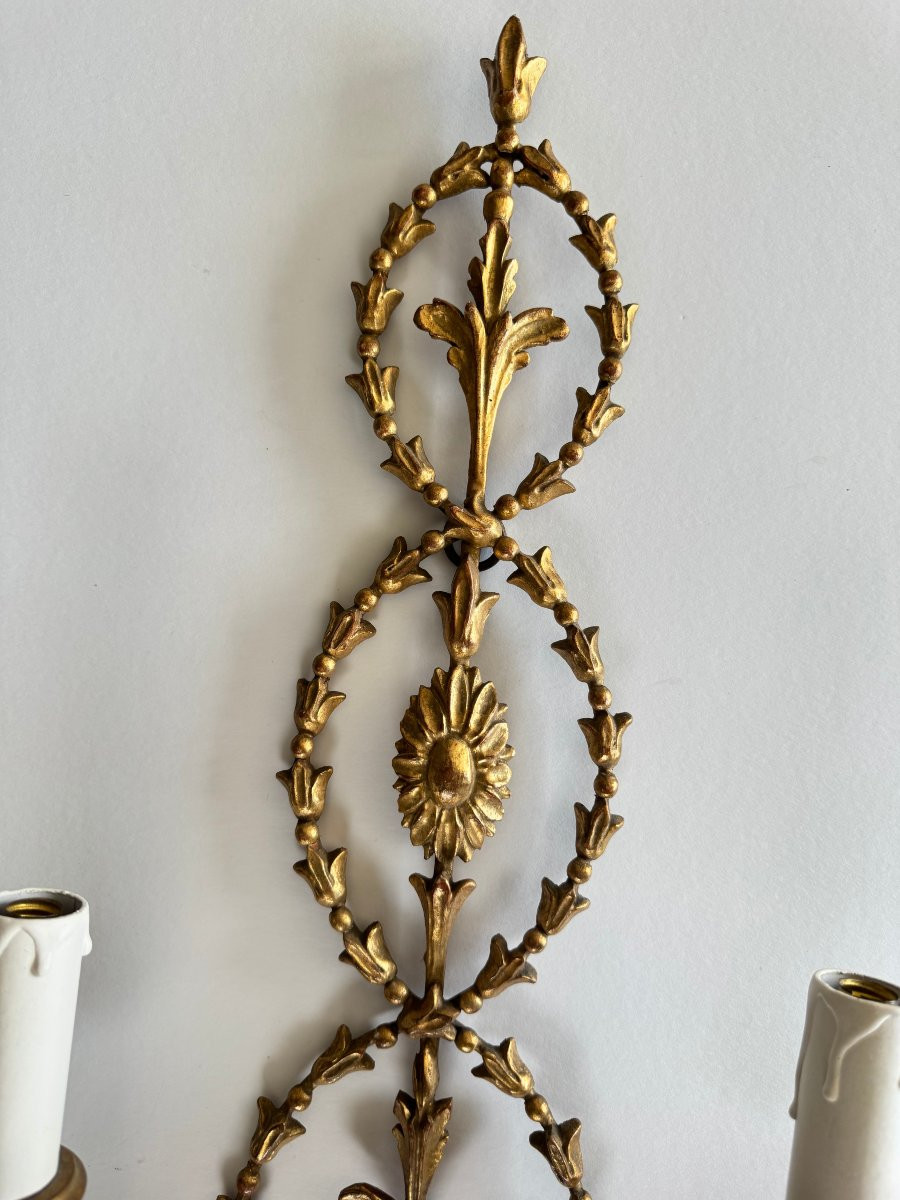 Pair Of Gilded Carved Wood Wall Sconces – Neoclassical Style-photo-3