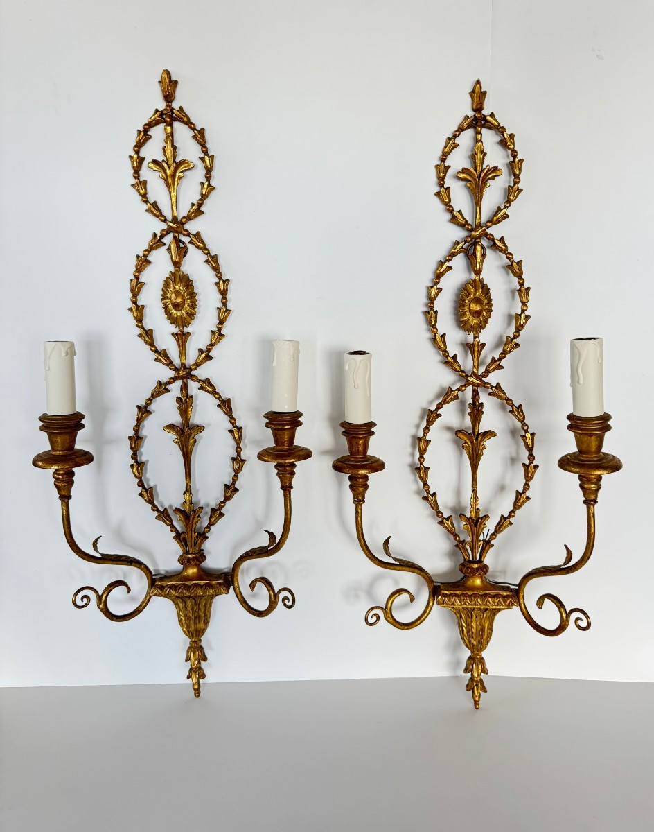 Pair Of Gilded Carved Wood Wall Sconces – Neoclassical Style