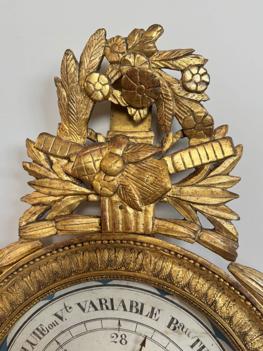 Baromètre-thermomètre en bois sculpté et doré – Époque Louis XVI-photo-3