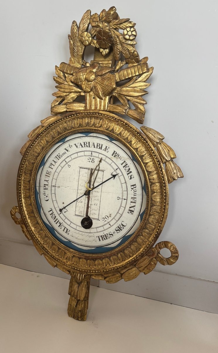 Baromètre-thermomètre en bois sculpté et doré – Époque Louis XVI-photo-1