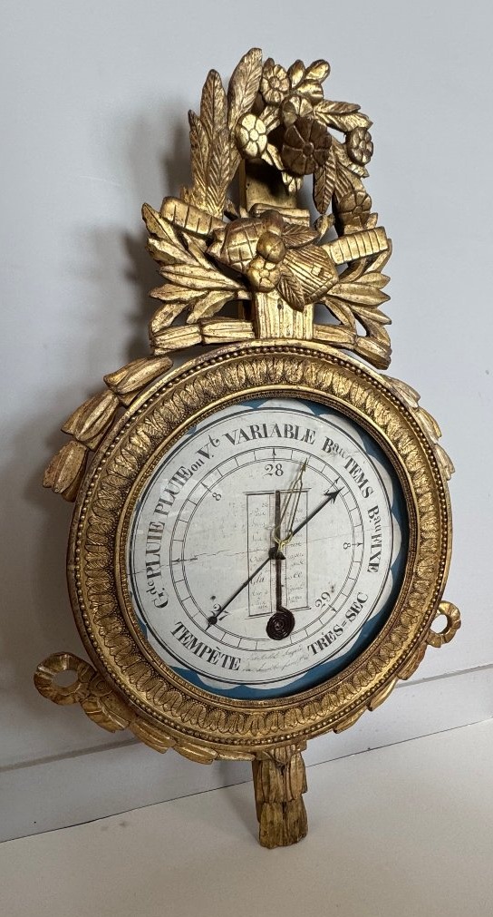 Baromètre-thermomètre en bois sculpté et doré – Époque Louis XVI-photo-2