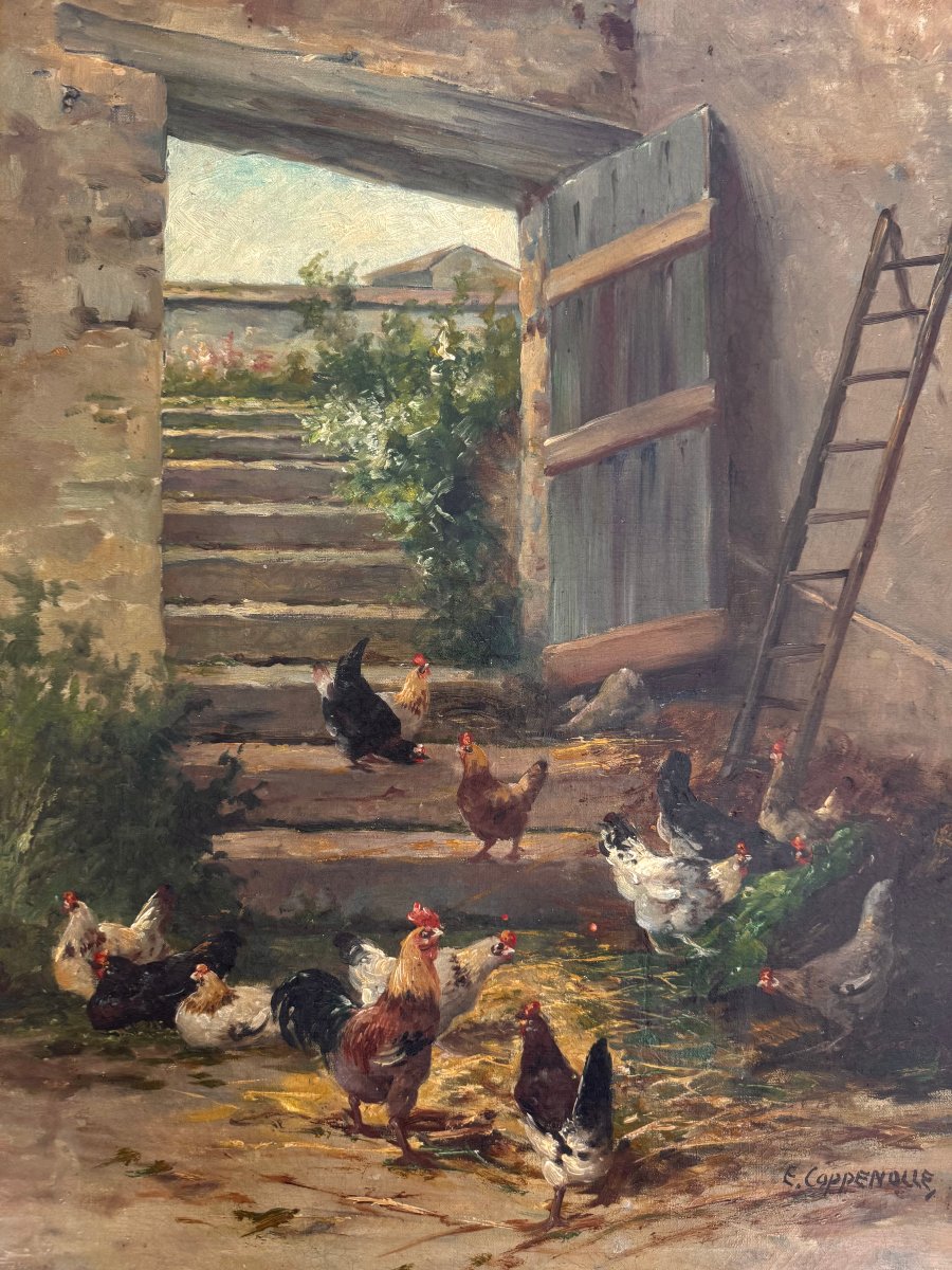 Edmond Van Coppenolle  – Poules et coq dans la basse-cour  – Huile sur toile-photo-2
