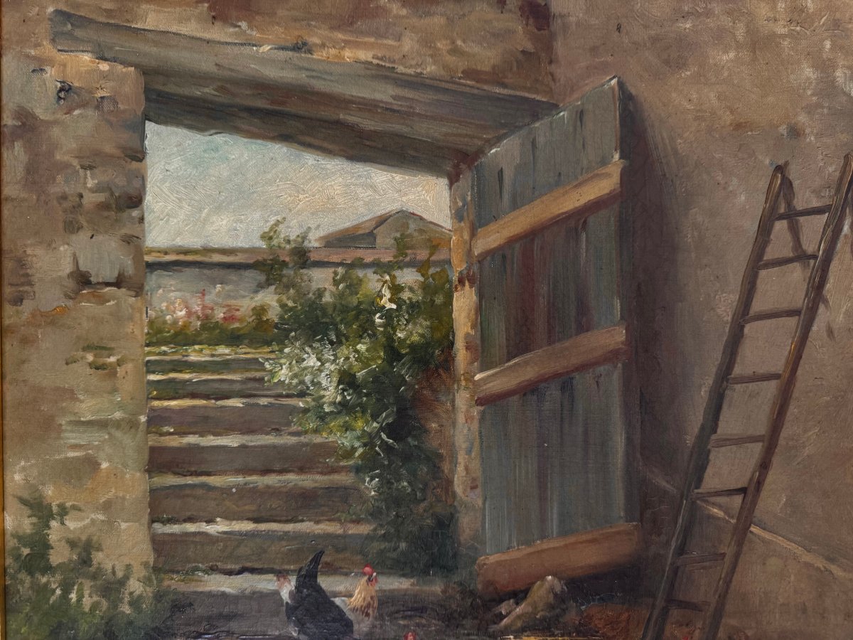 Edmond Van Coppenolle  – Poules et coq dans la basse-cour  – Huile sur toile-photo-4