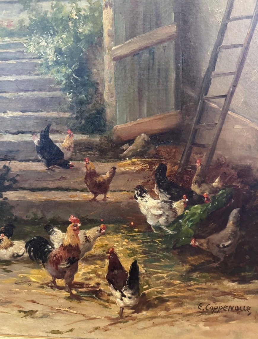 Edmond Van Coppenolle  – Poules et coq dans la basse-cour  – Huile sur toile-photo-1