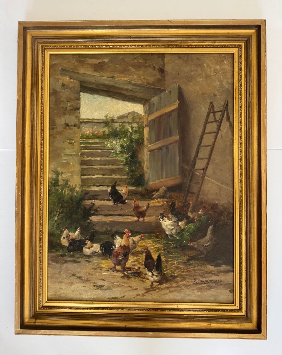 Edmond Van Coppenolle  – Poules et coq dans la basse-cour  – Huile sur toile