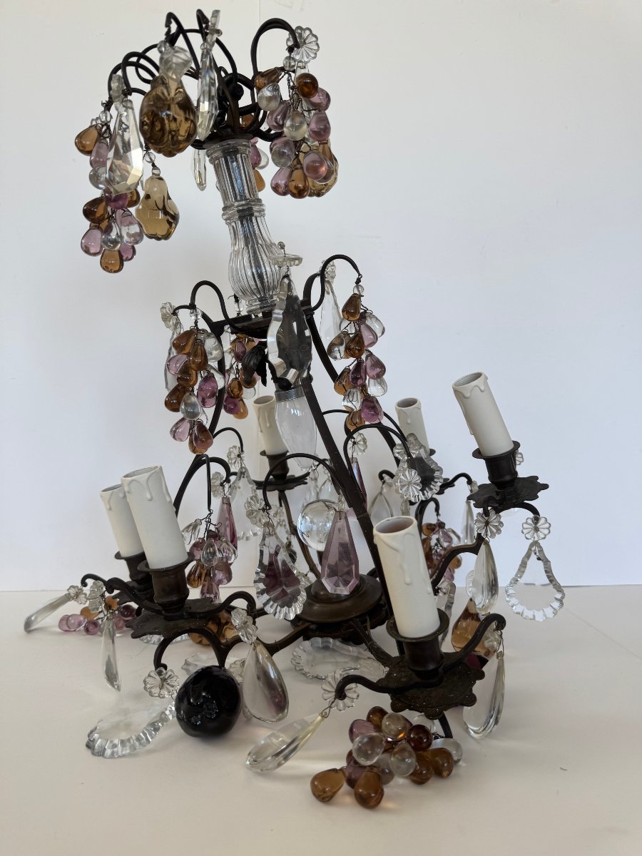 Dark Bronze Chandelier With Glass Tassels And Fruit Ornaments-photo-2