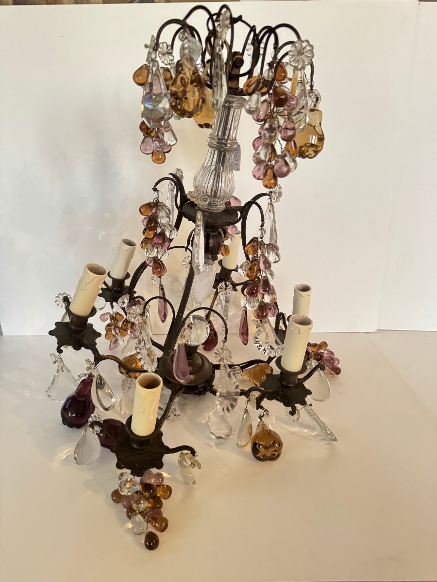 Dark Bronze Chandelier With Glass Tassels And Fruit Ornaments-photo-3