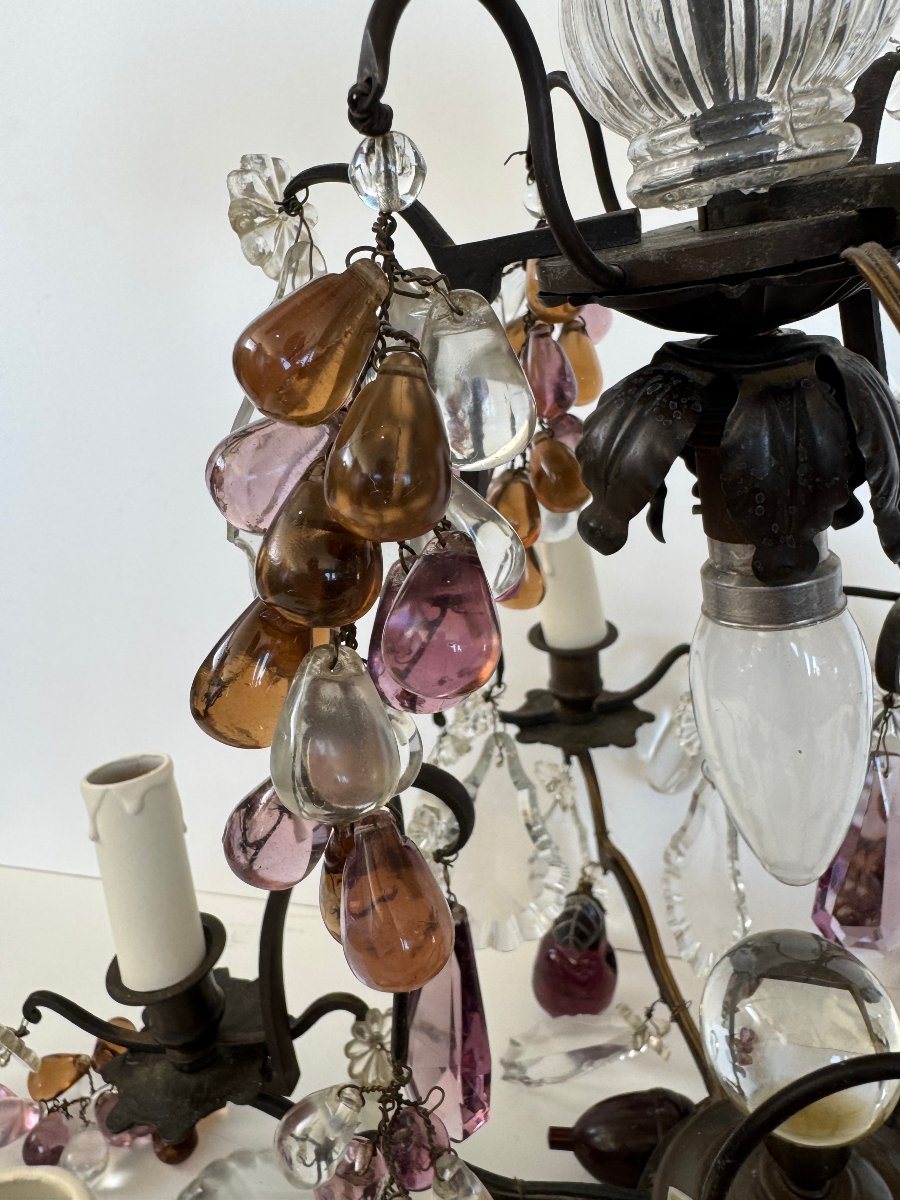 Dark Bronze Chandelier With Glass Tassels And Fruit Ornaments-photo-4