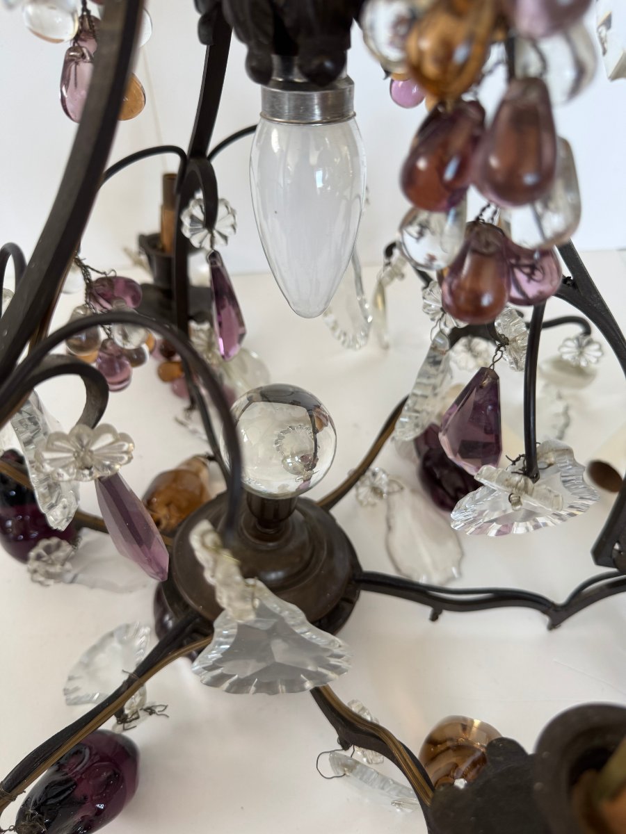 Dark Bronze Chandelier With Glass Tassels And Fruit Ornaments-photo-1