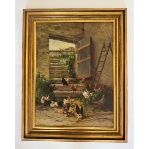 Edmond Van Coppenolle – Poules et coq dans la basse-cour – Huile sur toile