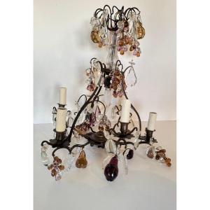 Lustre en bronze foncé à pampilles et fruits en verre