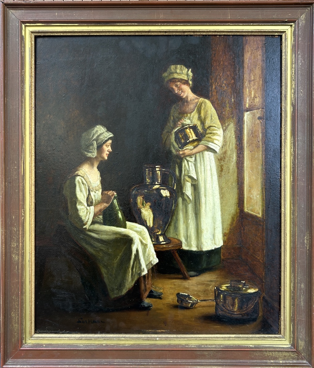 ” French  Albert Sorkau – « La Confidence », scène d’intérieur Interior Women Copper Pots-photo-4