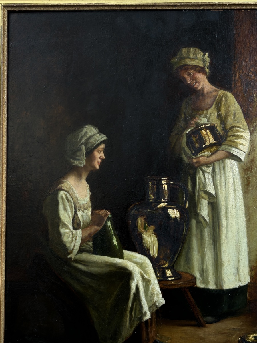” French  Albert Sorkau – « La Confidence », scène d’intérieur Interior Women Copper Pots-photo-1