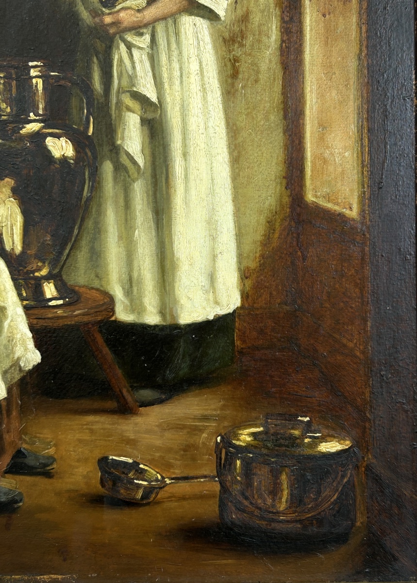 ” French  Albert Sorkau – « La Confidence », scène d’intérieur Interior Women Copper Pots-photo-2