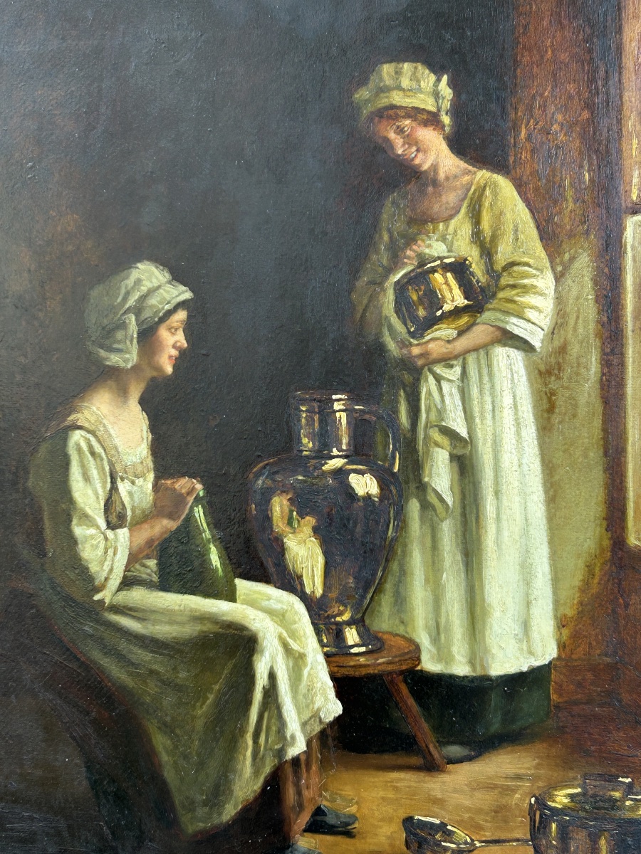 ” French  Albert Sorkau – « La Confidence », scène d’intérieur Interior Women Copper Pots-photo-3