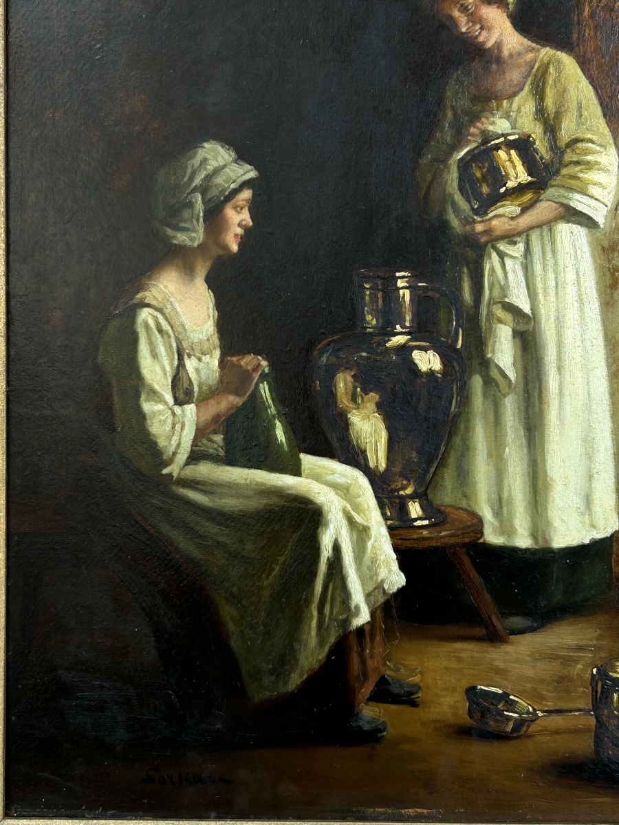 ” French  Albert Sorkau – « La Confidence », scène d’intérieur Interior Women Copper Pots-photo-4
