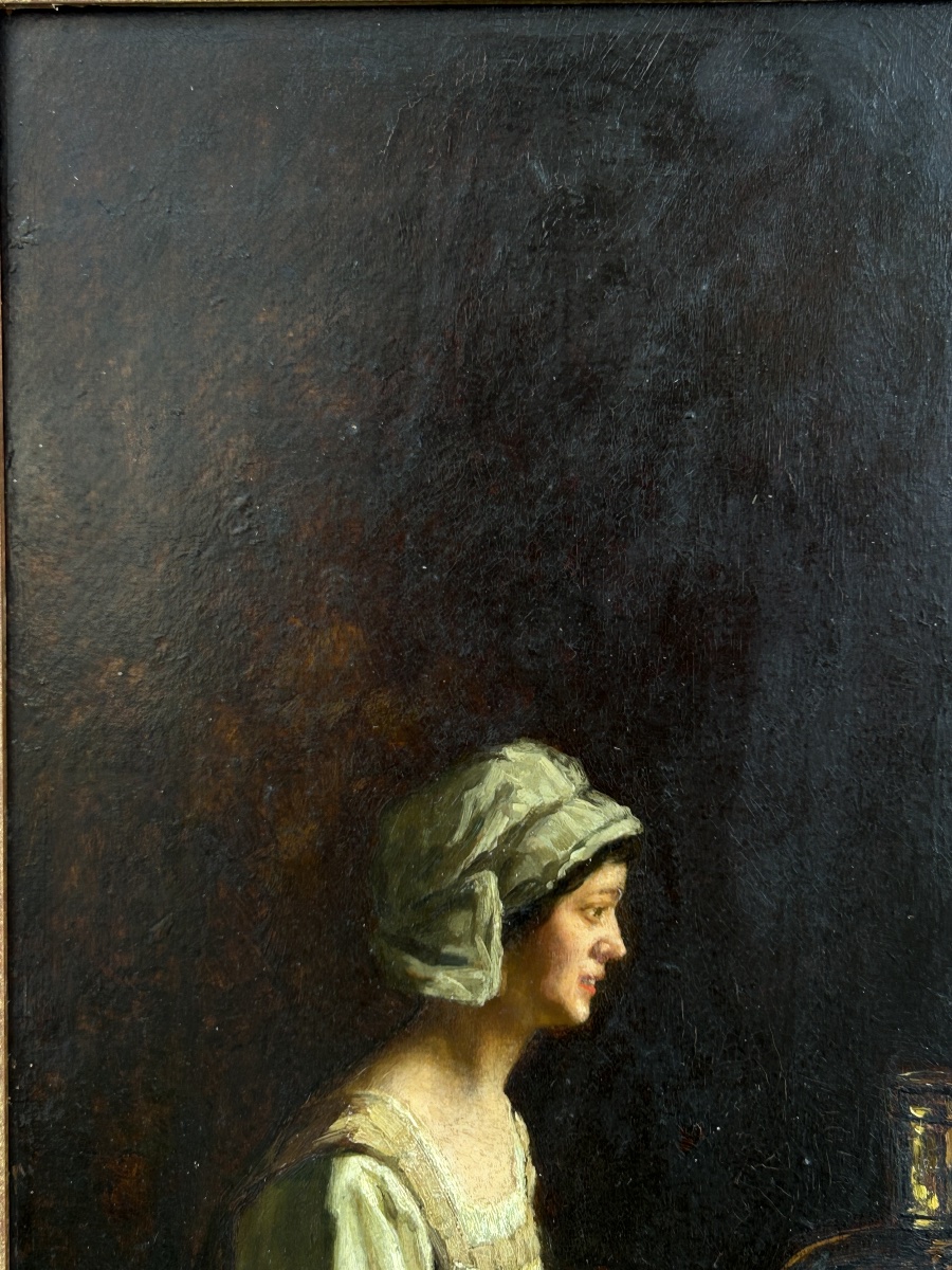 ” French  Albert Sorkau – « La Confidence », scène d’intérieur Interior Women Copper Pots-photo-7
