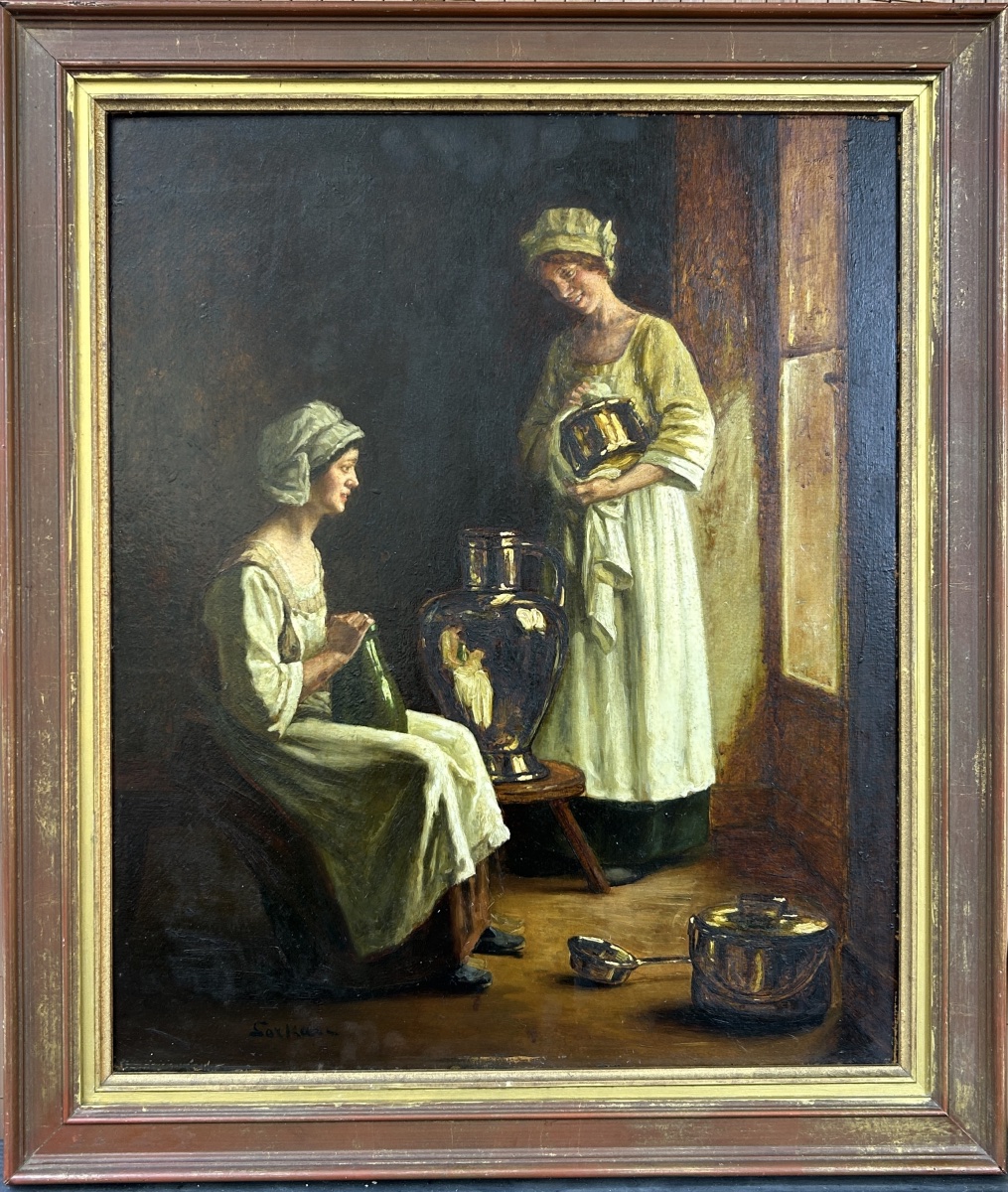 ” French  Albert Sorkau – « La Confidence », scène d’intérieur Interior Women Copper Pots