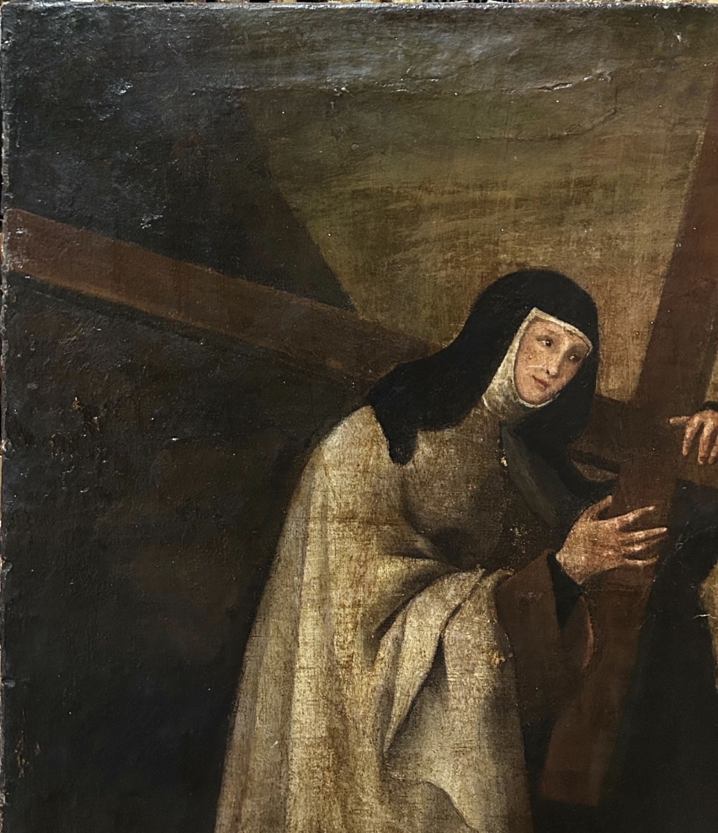 Peinture à l'huile ancienne représentant sainte Thérèse, école de Francisco de Zurbarán, XVIIe -photo-3