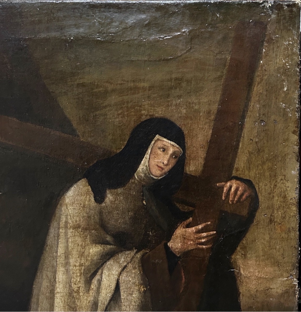 Peinture à l'huile ancienne représentant sainte Thérèse, école de Francisco de Zurbarán, XVIIe -photo-1