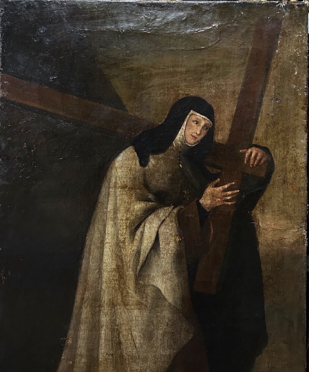 Peinture à l'huile ancienne représentant sainte Thérèse, école de Francisco de Zurbarán, XVIIe -photo-2