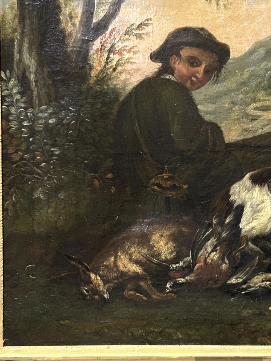 Tableau Ancien XVIIIe Siècle – Scène de Chasse : Chasseur avec Chiens et Gibier – Huile sur Toi-photo-2