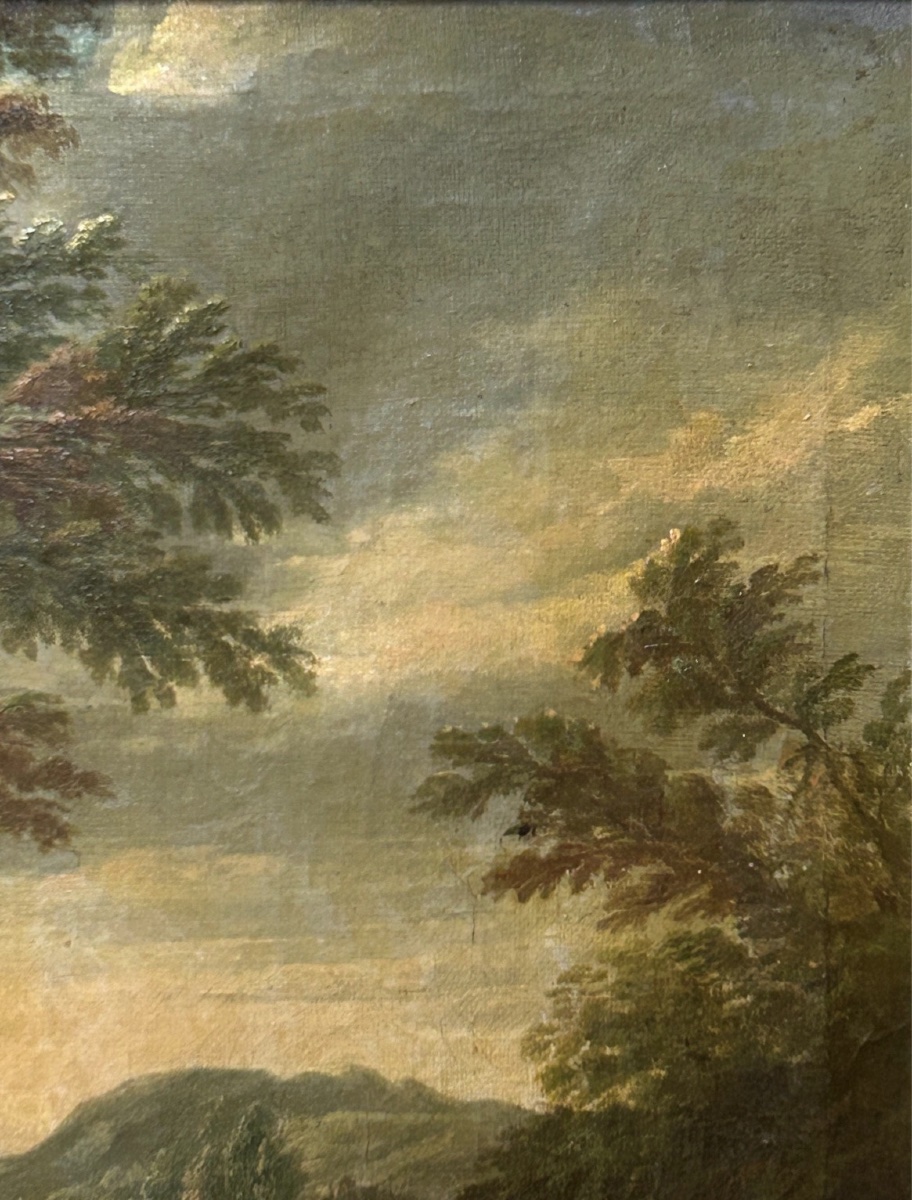 Tableau Ancien XVIIIe Siècle – Scène de Chasse : Chasseur avec Chiens et Gibier – Huile sur Toi-photo-3