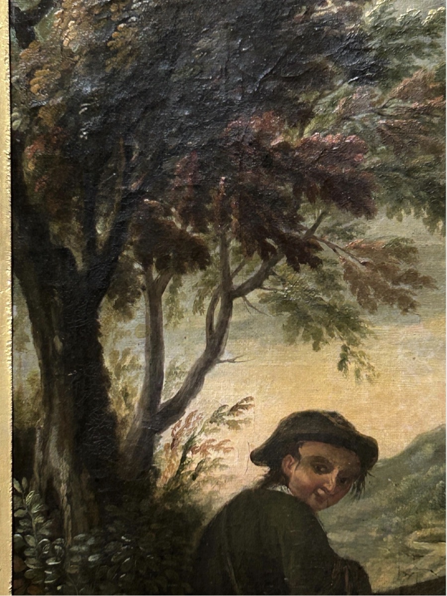 Tableau Ancien XVIIIe Siècle – Scène de Chasse : Chasseur avec Chiens et Gibier – Huile sur Toi-photo-4