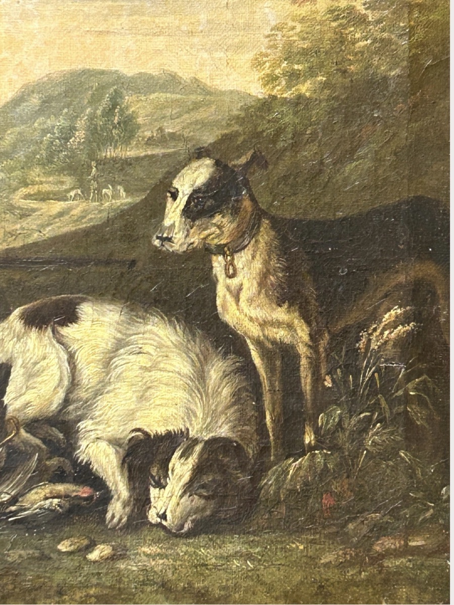 Tableau Ancien XVIIIe Siècle – Scène de Chasse : Chasseur avec Chiens et Gibier – Huile sur Toi-photo-1