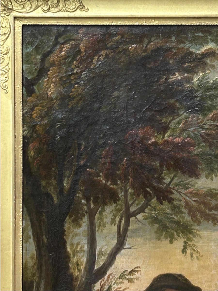 Tableau Ancien XVIIIe Siècle – Scène de Chasse : Chasseur avec Chiens et Gibier – Huile sur Toi-photo-2