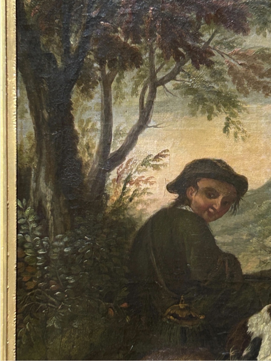 Tableau Ancien XVIIIe Siècle – Scène de Chasse : Chasseur avec Chiens et Gibier – Huile sur Toi-photo-4