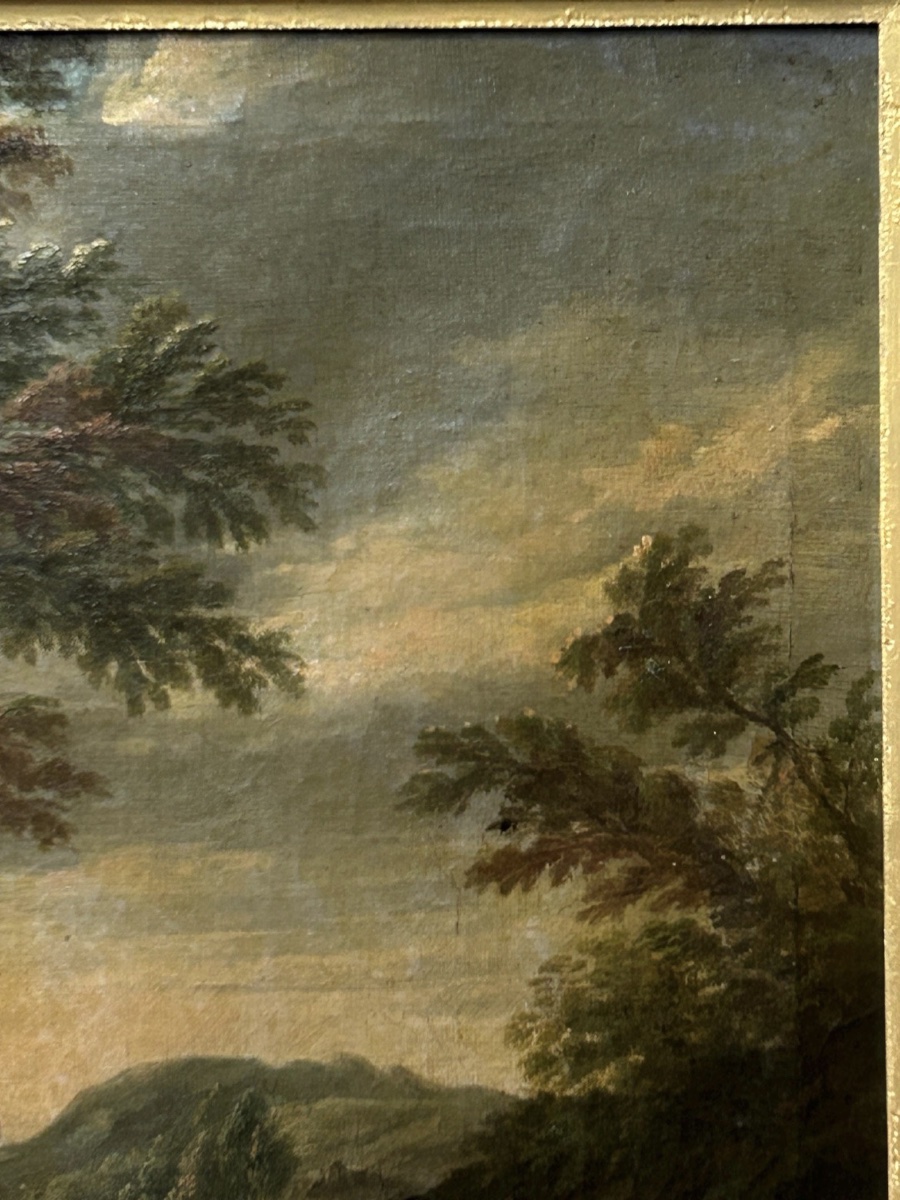 Tableau Ancien XVIIIe Siècle – Scène de Chasse : Chasseur avec Chiens et Gibier – Huile sur Toi-photo-5