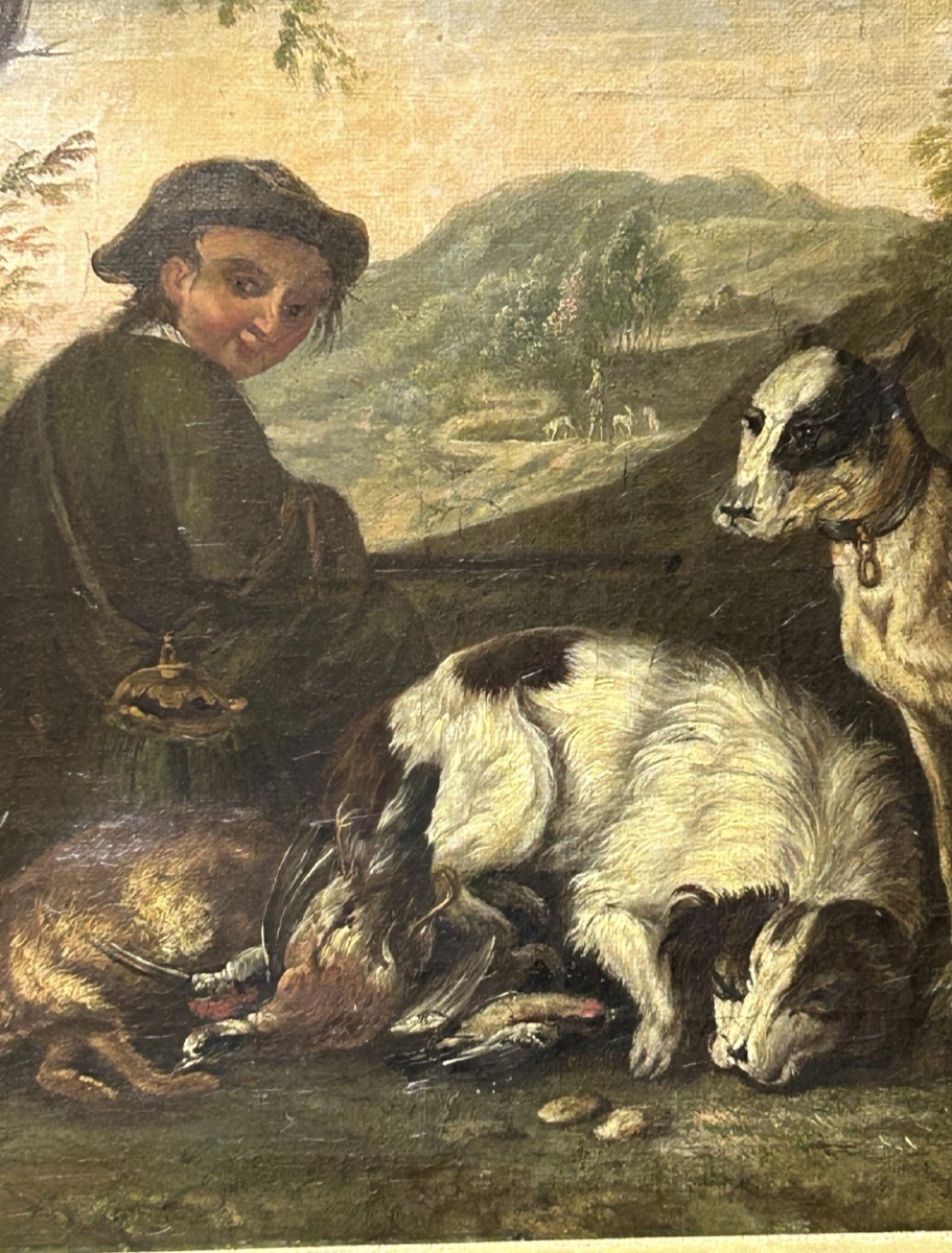Tableau Ancien XVIIIe Siècle – Scène de Chasse : Chasseur avec Chiens et Gibier – Huile sur Toi-photo-6
