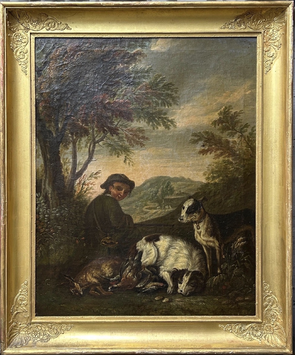 Tableau Ancien XVIIIe Siècle – Scène de Chasse : Chasseur avec Chiens et Gibier – Huile sur Toi