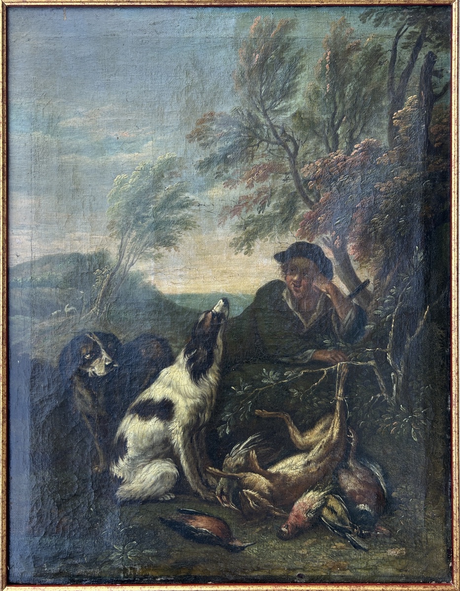 18th-century Painting – Hunting Scene: Hunter With Dogs And Game – Oil On Canvas-photo-3