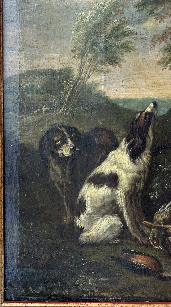 18th-century Painting – Hunting Scene: Hunter With Dogs And Game – Oil On Canvas-photo-4