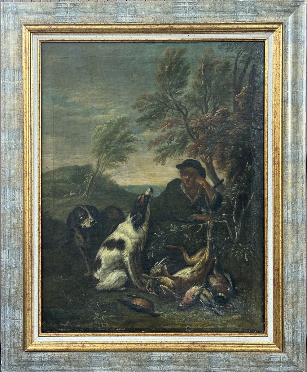18th-century Painting – Hunting Scene: Hunter With Dogs And Game – Oil On Canvas-photo-5