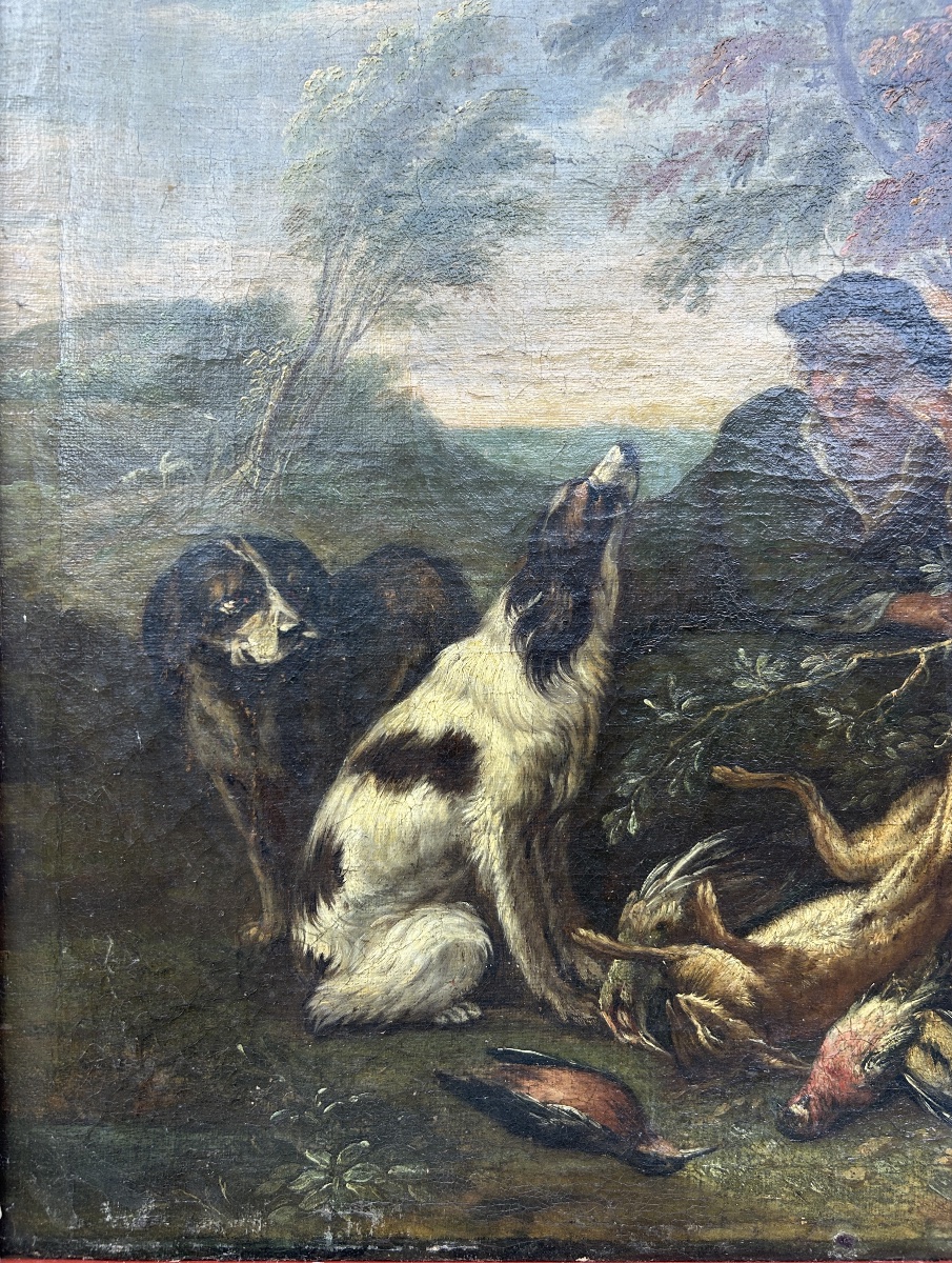 18th-century Painting – Hunting Scene: Hunter With Dogs And Game – Oil On Canvas-photo-6