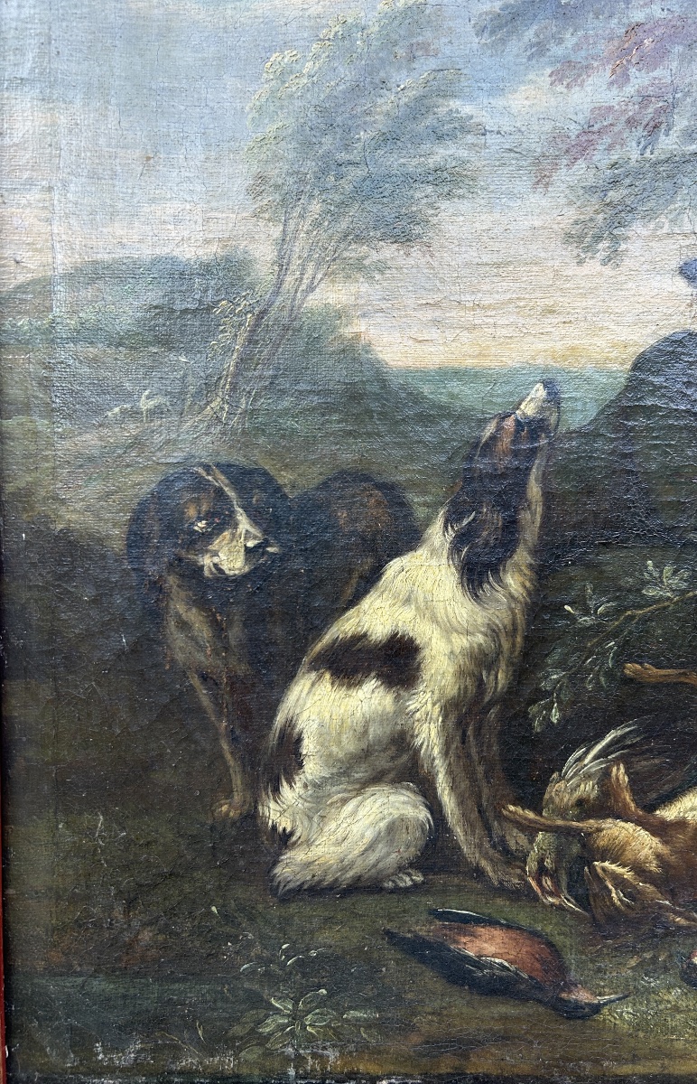 18th-century Painting – Hunting Scene: Hunter With Dogs And Game – Oil On Canvas-photo-7