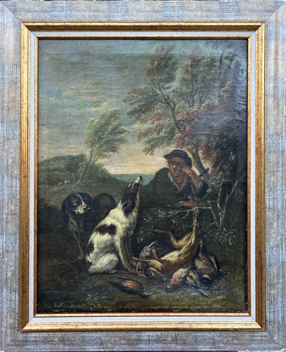 18th-century Painting – Hunting Scene: Hunter With Dogs And Game – Oil On Canvas