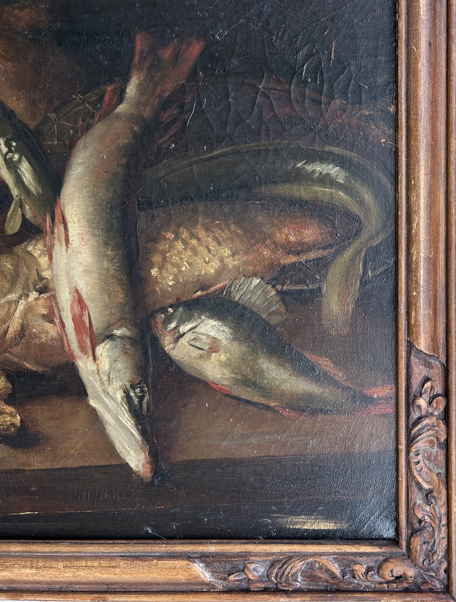 Antique Still Life Painting: Rabbit, Bird, And Game Fish—19th Century-photo-3