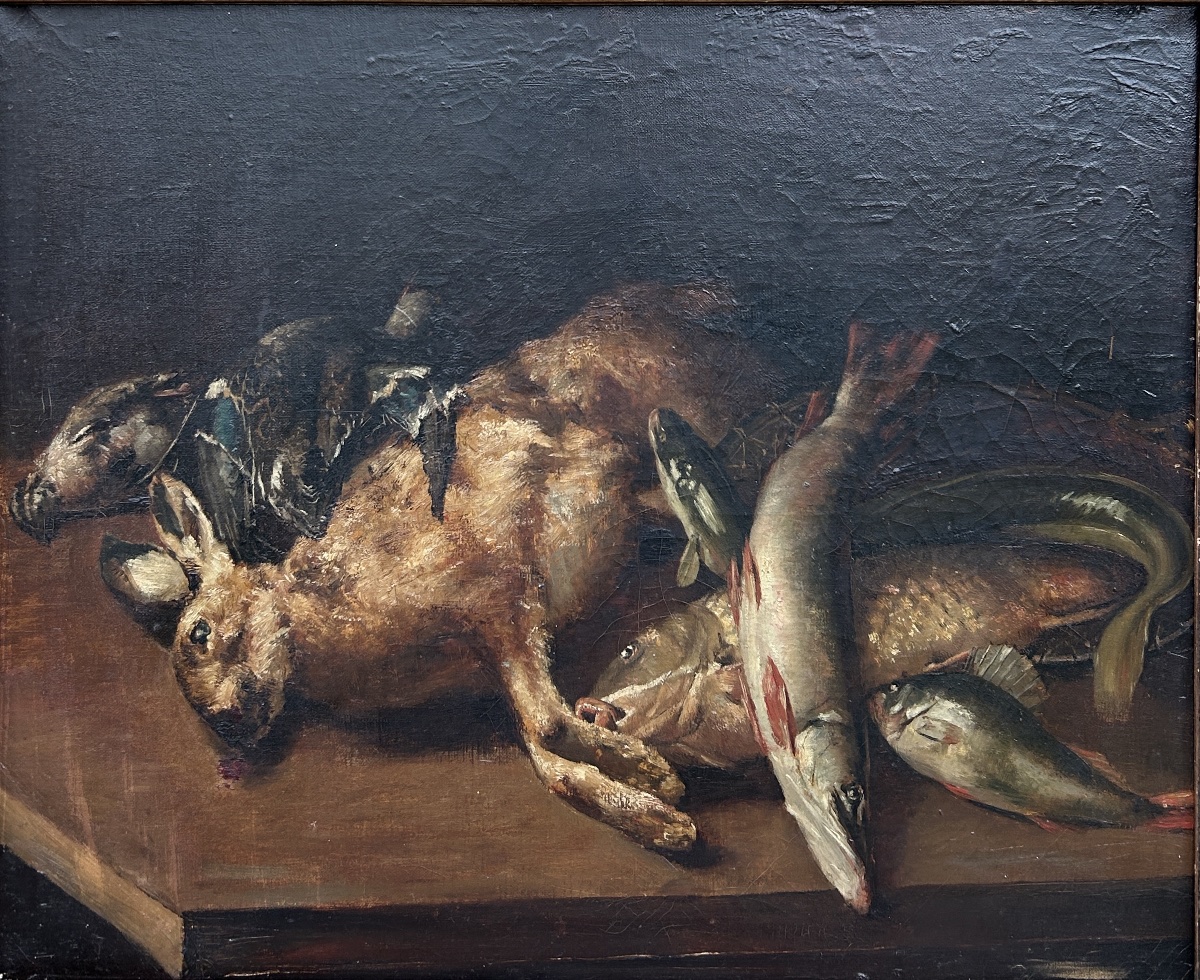 Antique Still Life Painting: Rabbit, Bird, And Game Fish—19th Century-photo-2