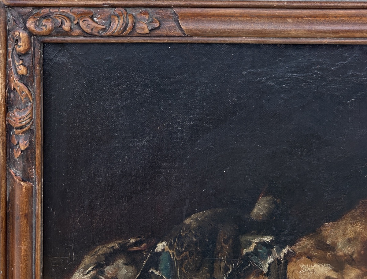 Antique Still Life Painting: Rabbit, Bird, And Game Fish—19th Century-photo-2