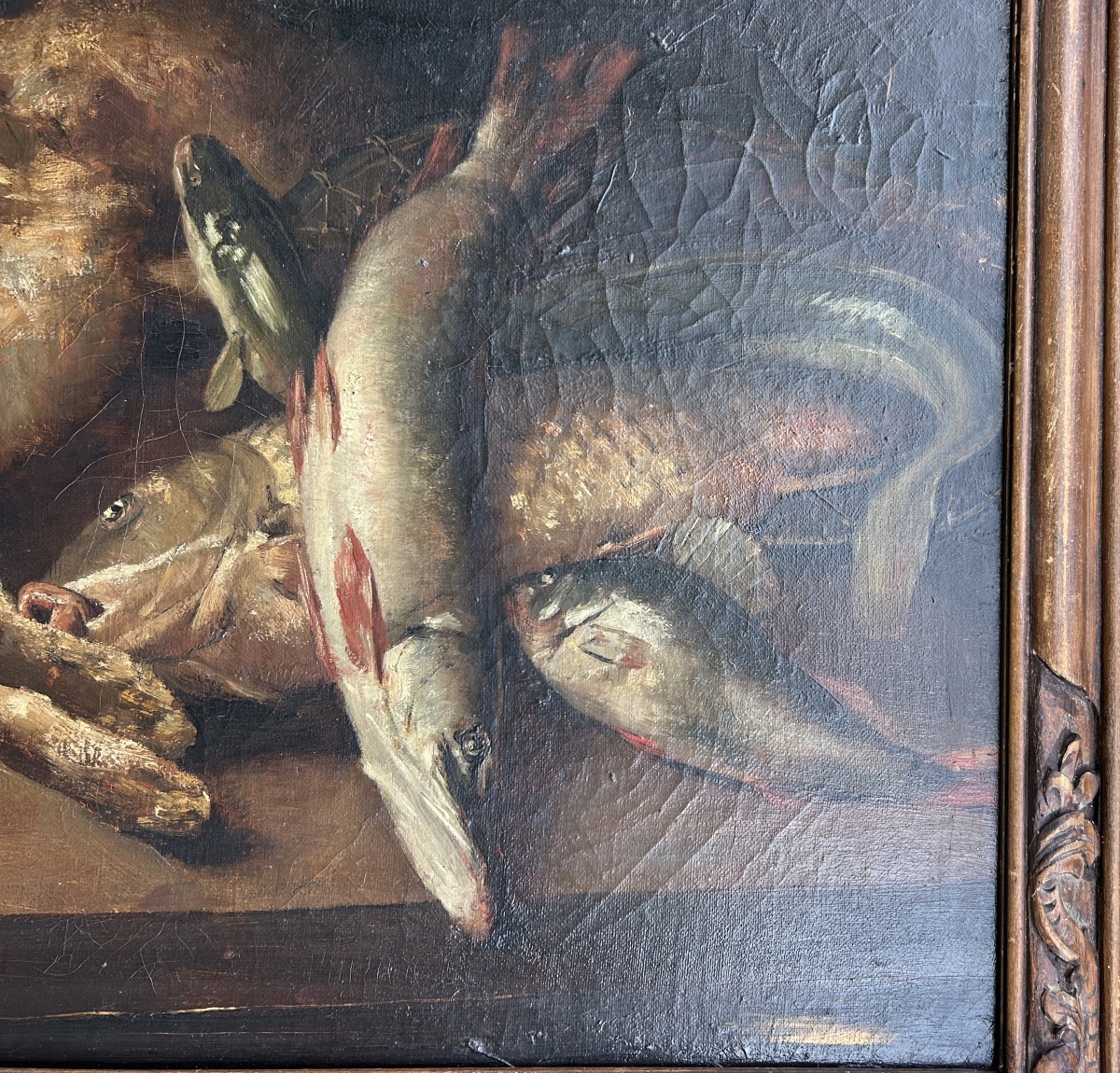 Antique Still Life Painting: Rabbit, Bird, And Game Fish—19th Century-photo-3