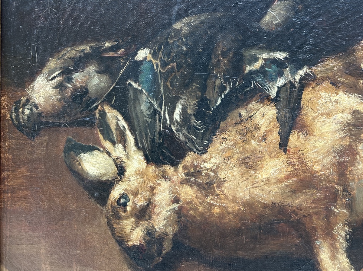 Antique Still Life Painting: Rabbit, Bird, And Game Fish—19th Century-photo-5