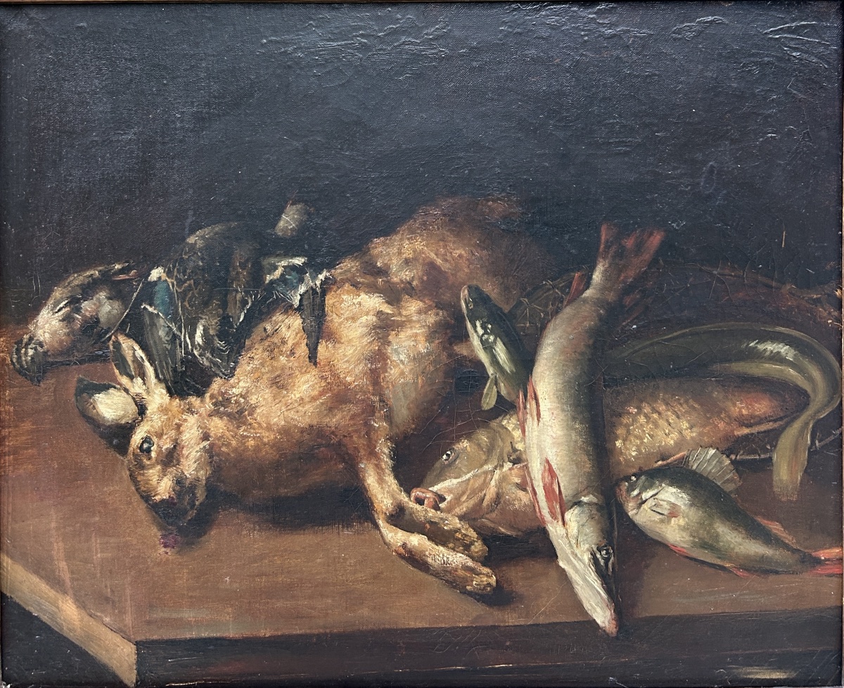 Antique Still Life Painting: Rabbit, Bird, And Game Fish—19th Century-photo-6