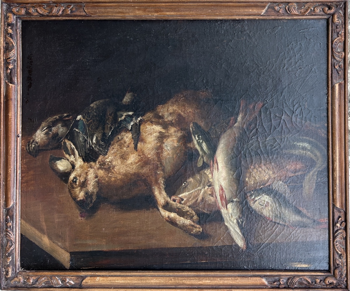 Antique Still Life Painting: Rabbit, Bird, And Game Fish—19th Century-photo-7